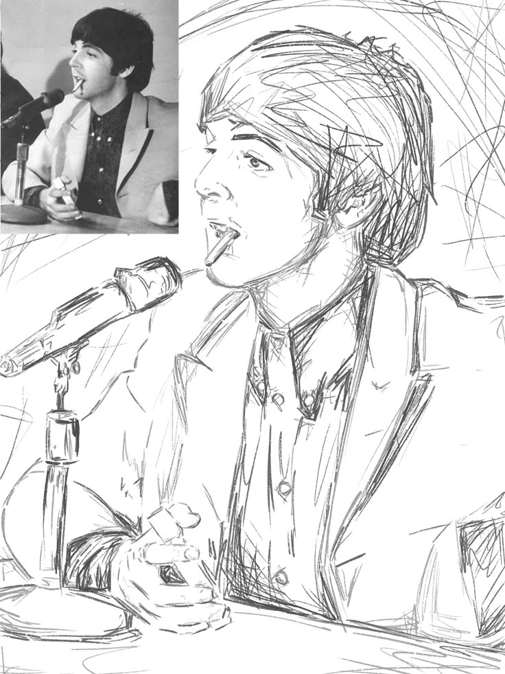 a pencil drawing of a man sitting in front of a microphone