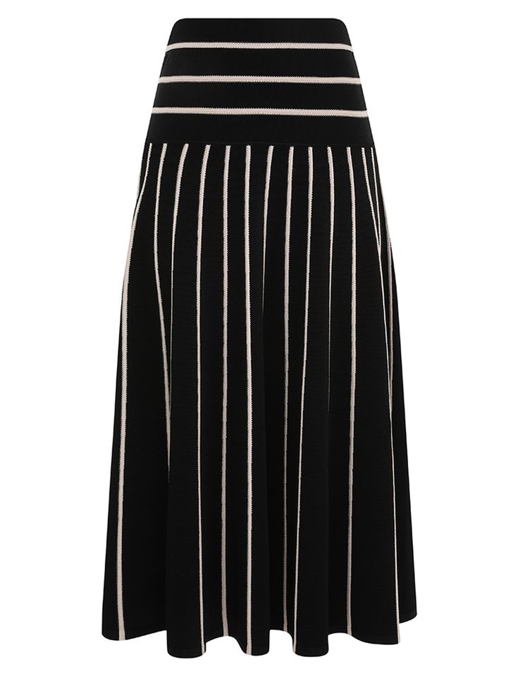 The Crush Stripe Midi Skirt in Black/Cream from our Resort 2025 Collection, Crush. A knit midi skirt featuring contrast stripes, an elasticated waist and a soft A-line silhouette. Striped Midi Skirt, One Piece Clothing, Lace Wrap, White Accessories, Knit Midi Skirt, Resort Dresses, Black Midi Skirt, Knit Midi, Couture Runway