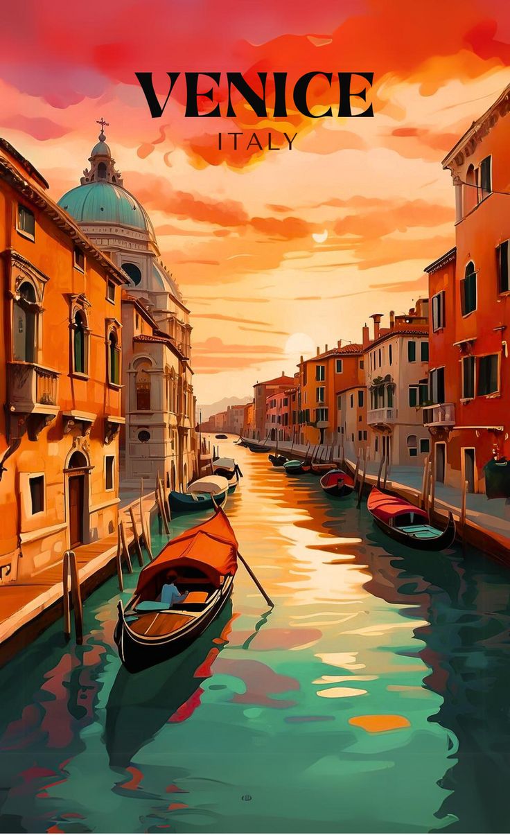 a painting of a canal with boats in it and the words venice italy on top