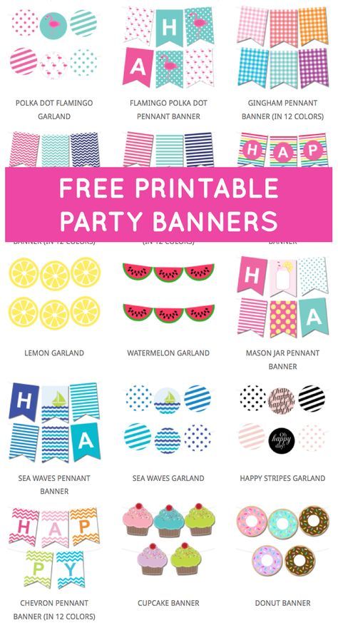 a poster with the words free printable party banners in different colors and designs on it