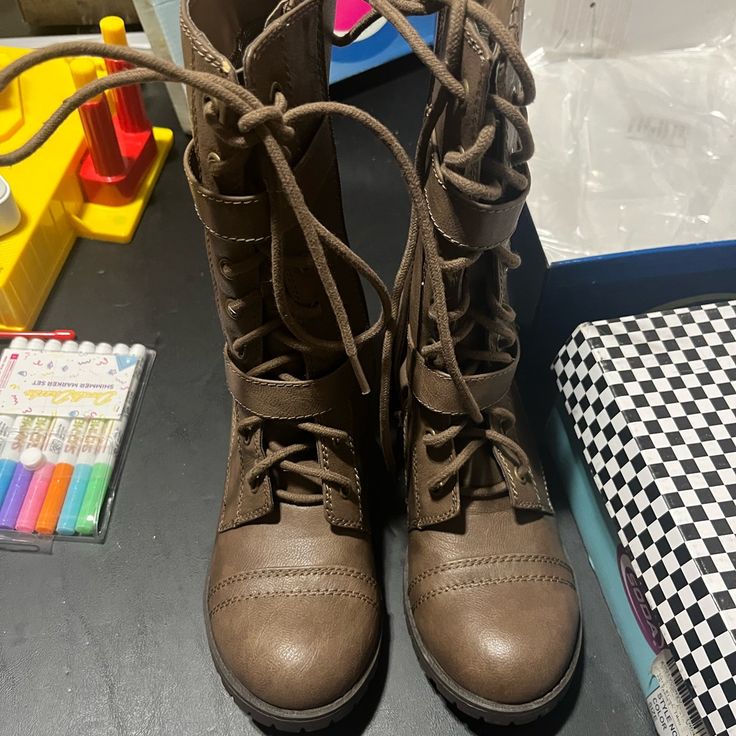 These Are New Never Worn. Soda Boots, Heeled Combat Boots, Tall Lace Up Boots, Chunky Heel Ankle Boots, Soda Shoes, Timberland Style, Womens Combat Boots, Lace Up Combat Boots, Boot Cuffs