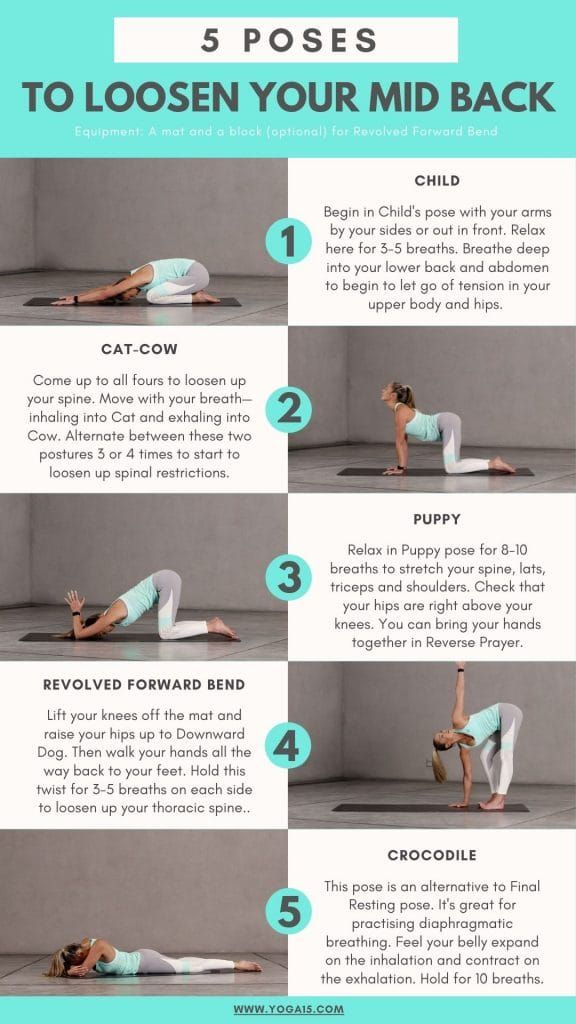 a woman doing yoga poses with the words 5 poses to loose your mid back on