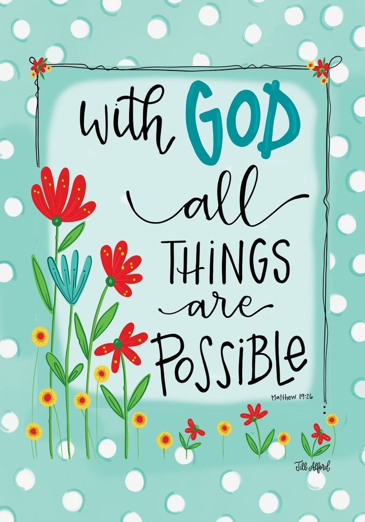 a blue and white polka dot background with red flowers on it, the words'with god all things are possible '