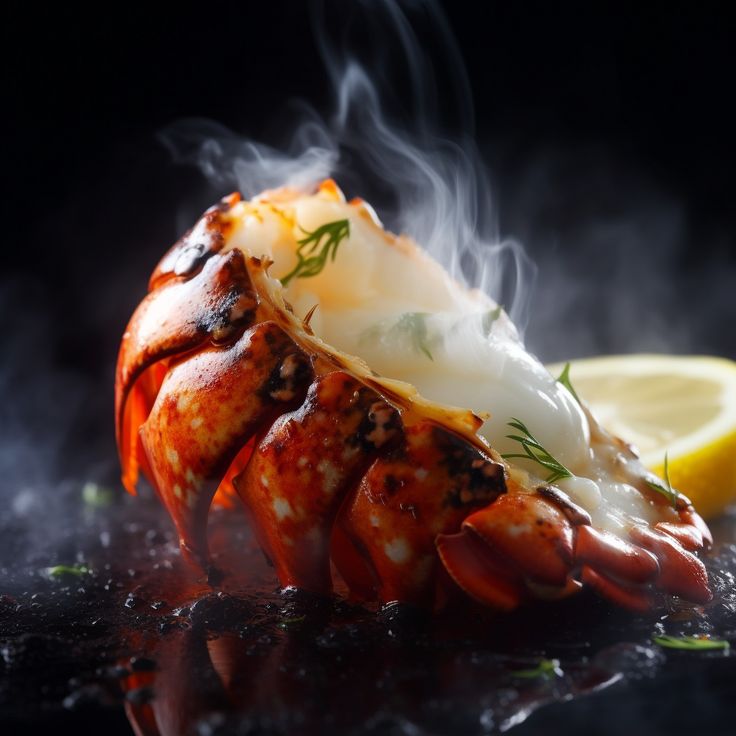 a cooked lobster on a black surface with steam rising from it's back end