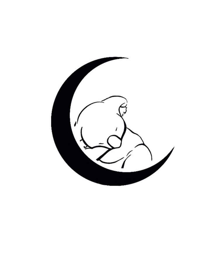 a black and white image of a bird sitting on top of a crescent with the moon behind it