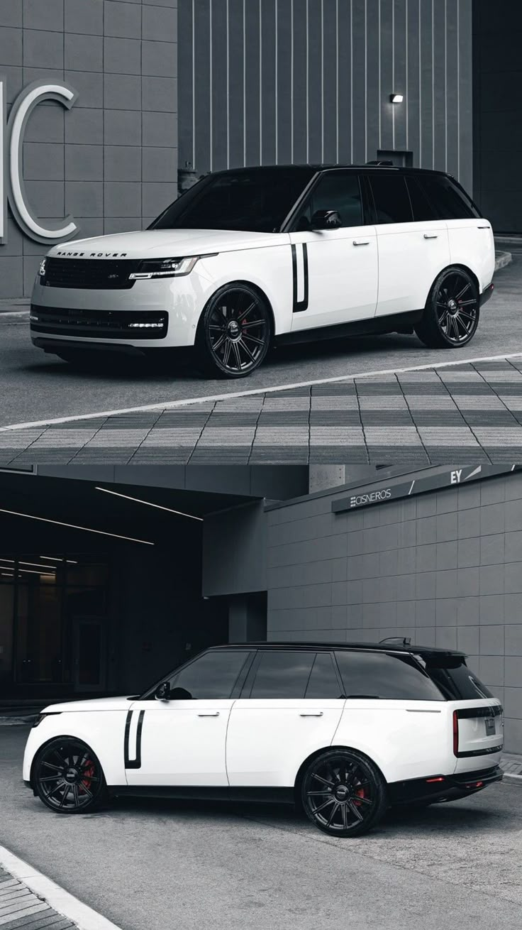 two different shots of a white range rover parked in front of a building