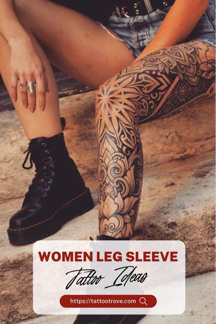 Women Leg Sleeve Tattoo  Ideas Women Half Leg Sleeve Tattoo, Ladies Arm Sleeve Tattoo, Leg Tattoos Mandala Women, Tattooed Woman Leg, Flower Mandala Leg Tattoo, Womens Leg Sleeve Tattoo Ideas, Leg Sleeve Tattoos Female Flowers, Women's Leg Sleeve Tattoo, Full Leg Tattoo Female Flowers