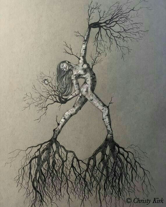 a pencil drawing of a woman with tree roots