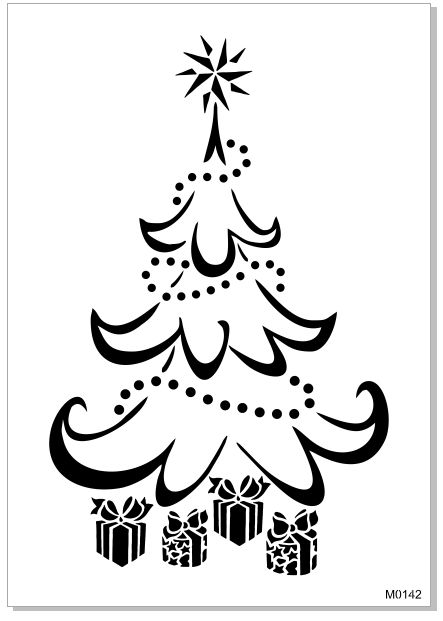 a black and white christmas tree with presents on it's bottom, in the shape of a star