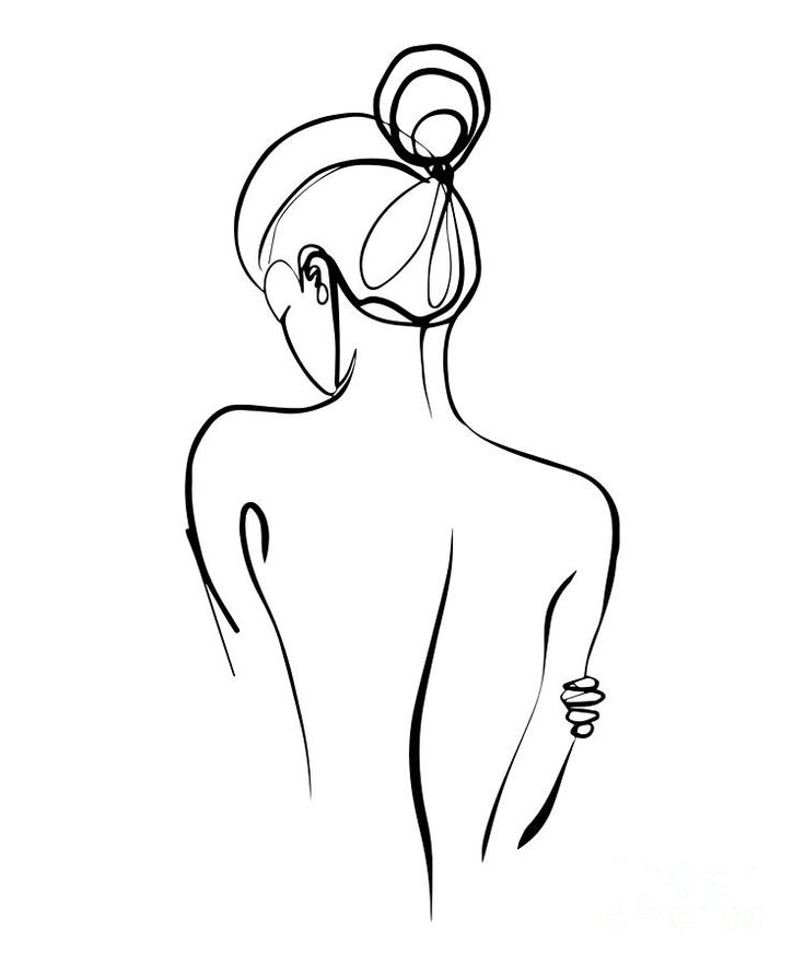 a black and white drawing of a woman's back with her hair in a bun