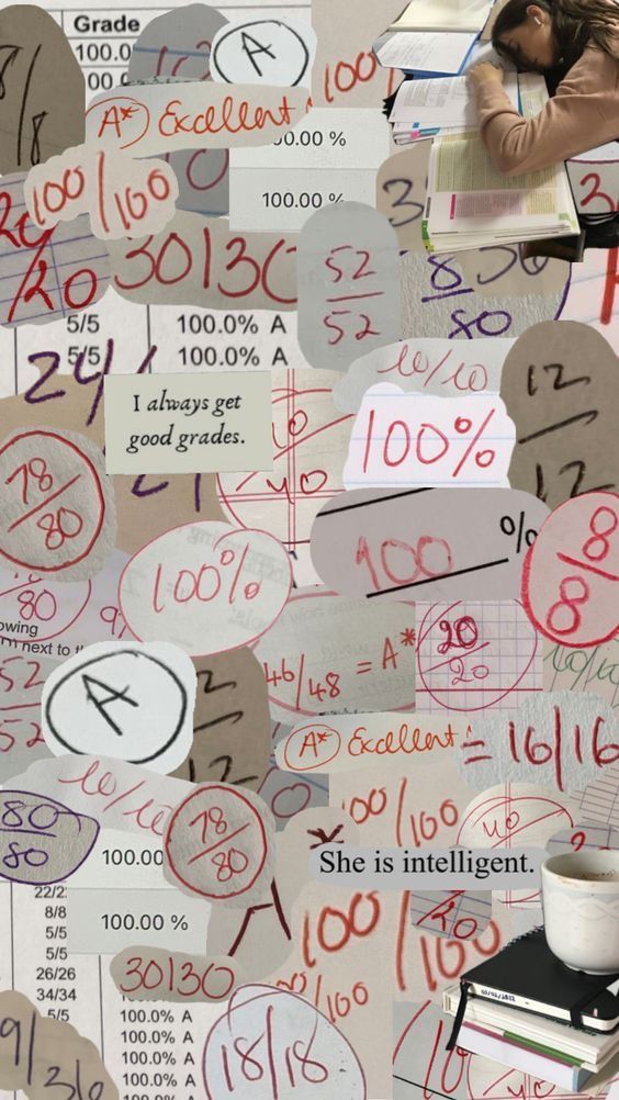 a collage of papers with numbers and symbols on them, including one woman sitting in a chair