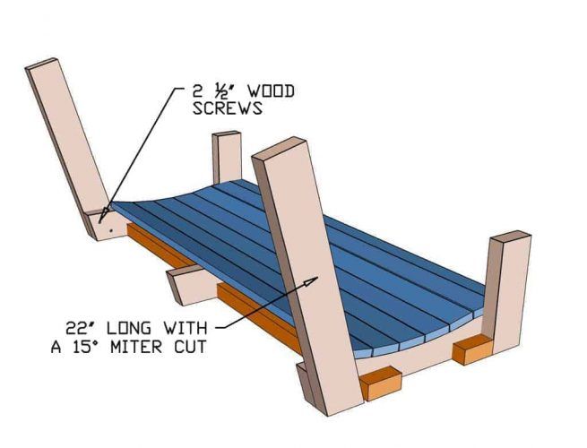 a wooden bench with measurements for the top and bottom section, including two legs that are attached