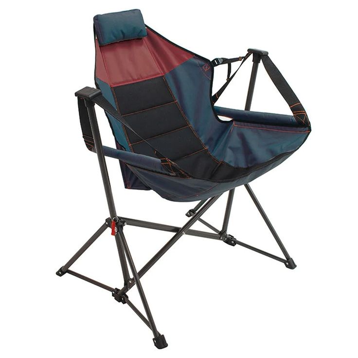 a blue and black camping chair on a white background