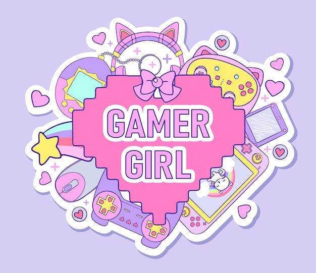 the word game girl surrounded by various items in pink and purple colors on a light blue background