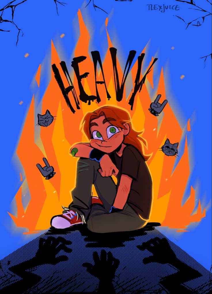 a drawing of a person sitting in front of a fire with the words hell on it