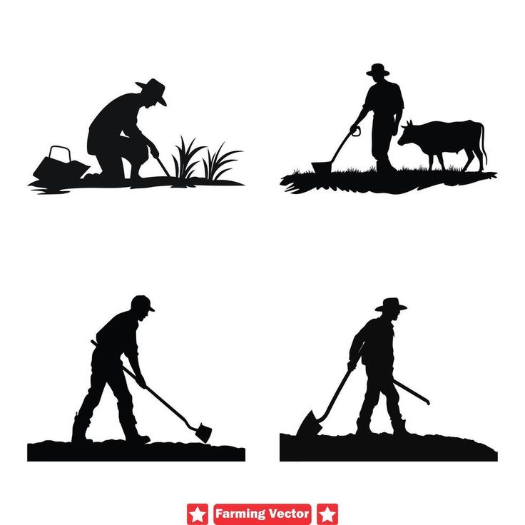 four silhouettes of people working in the field with animals and plants, one is shoveling