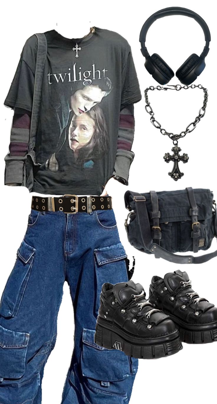 Cross Necklace Grunge, Grunge Messenger Bag, Baggy Grunge Outfit, Cargo Jeans Y2k, Belt Grunge, Cargo Jeans Outfit, Grunge Cross, Necklace Grunge, Y2k Grunge Outfits