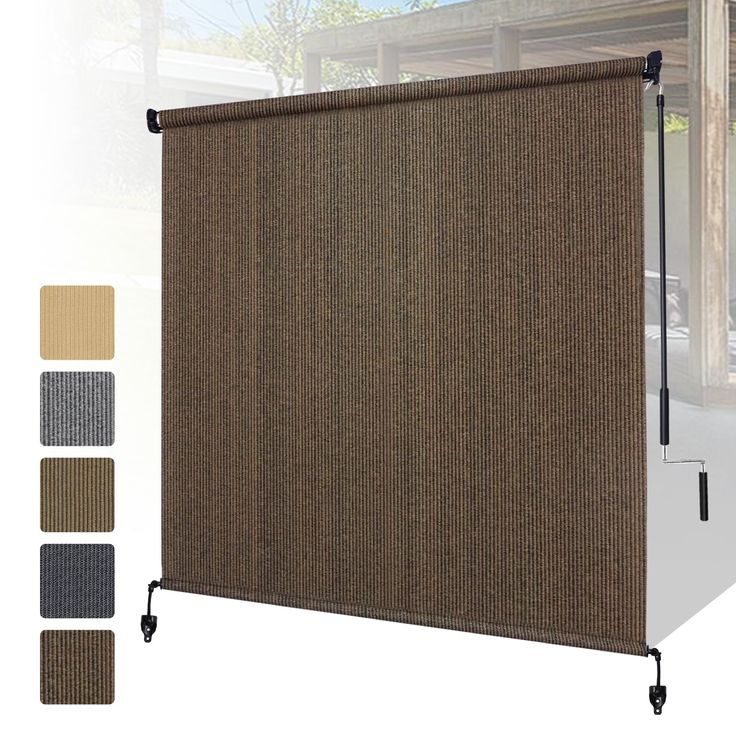 a brown roller shade with four different colors on the side and one is closed to let light in