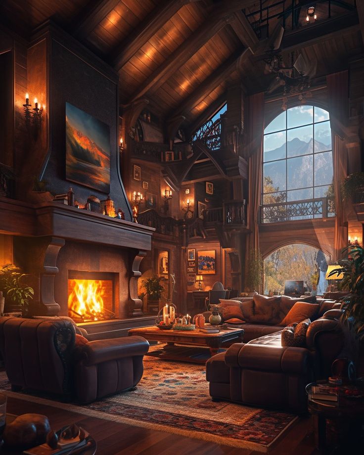 a living room filled with furniture and a fire place in the middle of it's walls