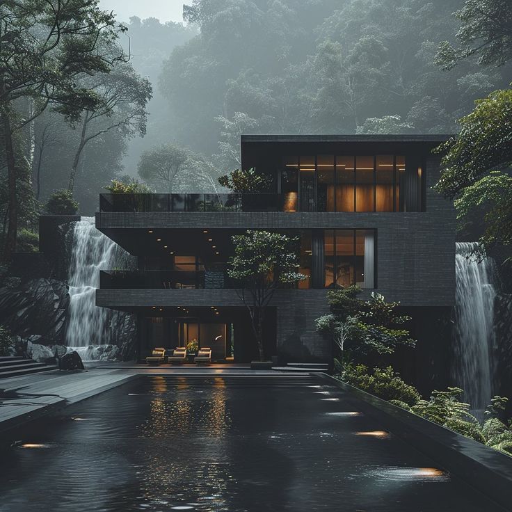 a house with waterfall in the background at night