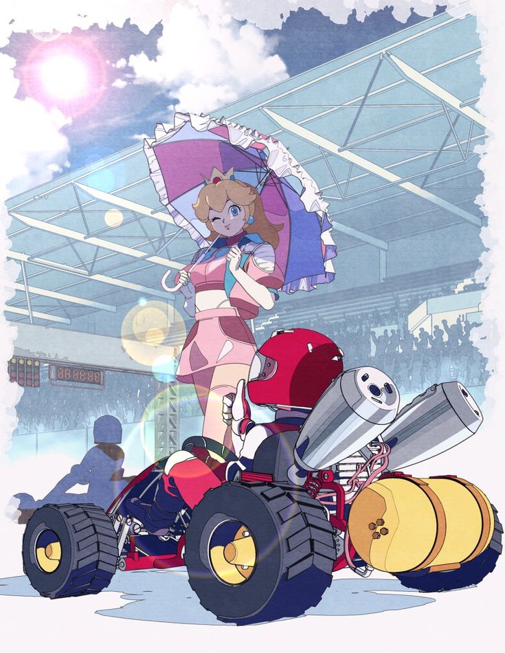 an anime character is holding an umbrella and standing on four wheeled vehicles in front of a stadium