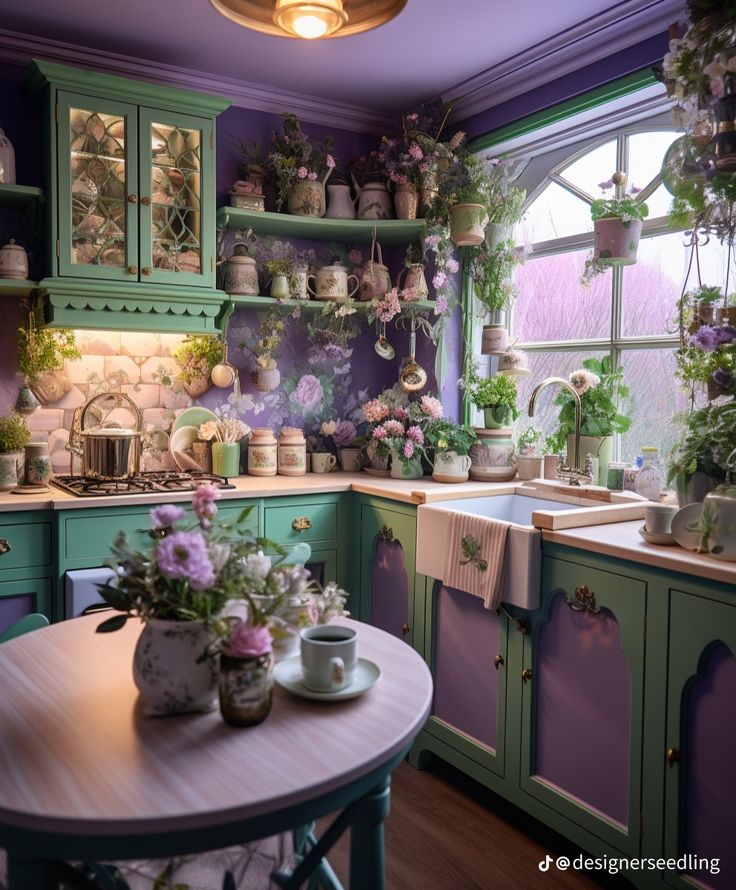 a kitchen filled with lots of green cabinets and flowers on the counter top in front of a window