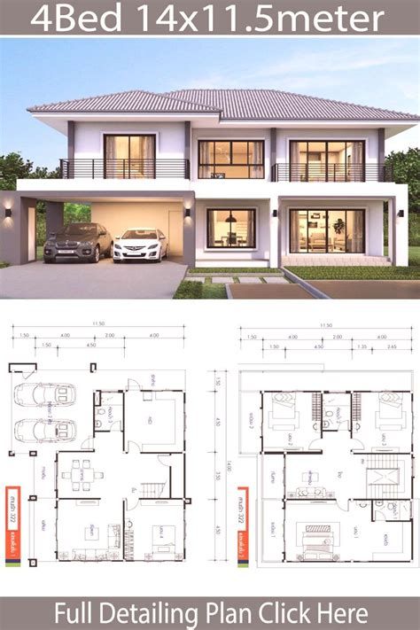 two story house plan with 4 beds and 1 5 meters