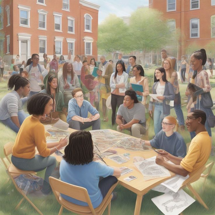 a group of people sitting around a table in front of a brick building on a sunny day