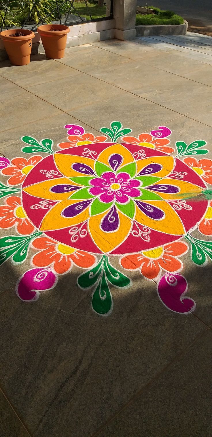 a colorful flower design on the ground with potted plants