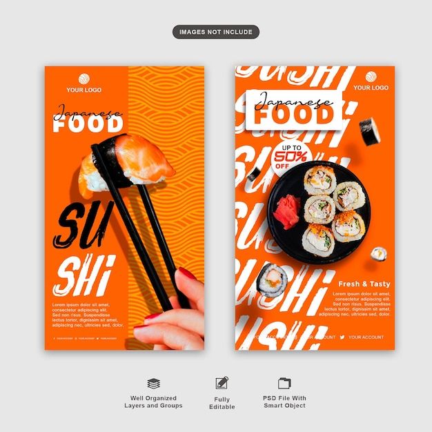 two vertical banners with sushi and chopsticks on an orange background for food delivery