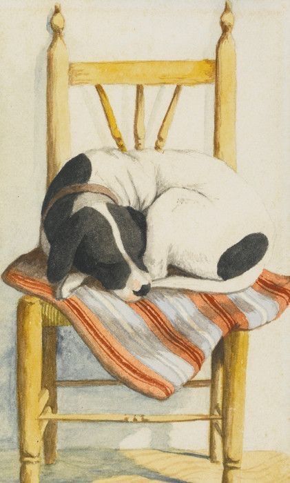 a painting of a dog sleeping on top of a wooden chair next to a striped blanket