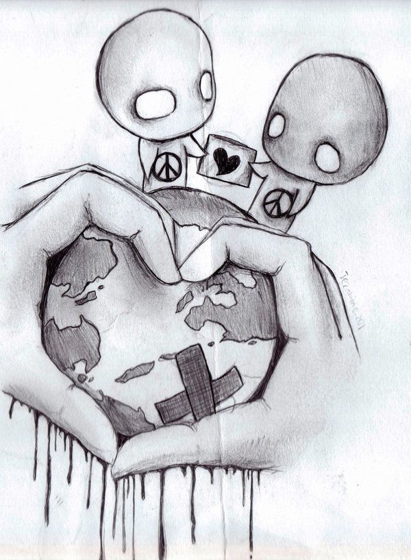 a drawing of two hands holding an earth globe with skulls and crosses on it,