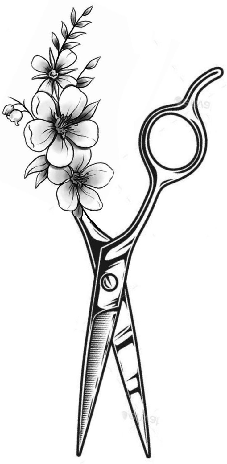 a black and white drawing of a pair of scissors with flowers