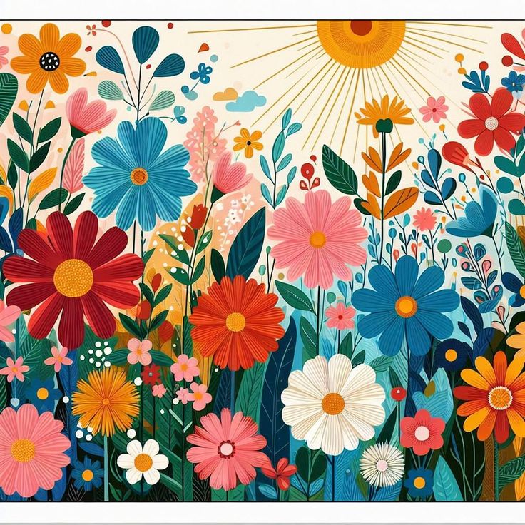 a painting of colorful flowers and plants with the sun shining in the sky behind them