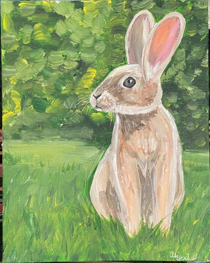 a painting of a rabbit sitting in the grass with trees in the back ground behind it