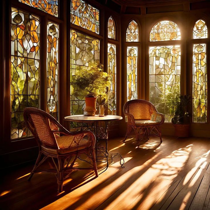 the sun shines through stained glass windows in a room with wicker chairs and table