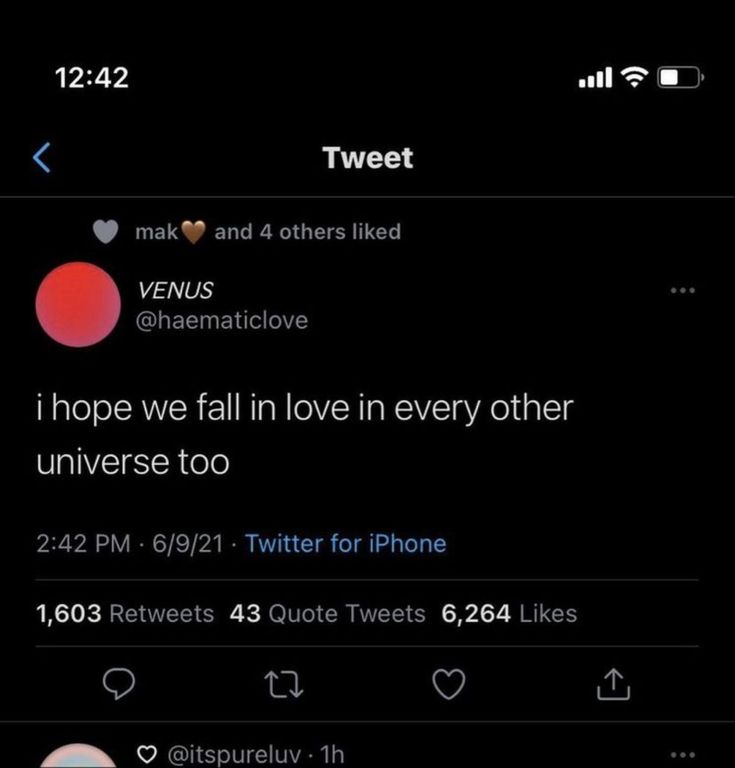 two tweets are on the same page, one is saying i hope we fall in love in every other universe too