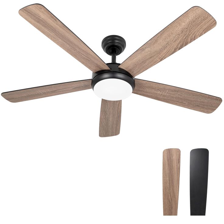 a ceiling fan with three wooden blades and a white light on the top of it