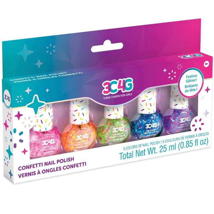 Make every mini manicure a photo-worthy one with this versatile confetti nail polish that sparkles, shines and strikes the perfect balance of fun and wearable. Layer it up for a high-gloss, occasion-ready look, or wear it over another color for a totally custom look. These high-shine polishes is are made to last through playtime and comes off simply by peeling off or with nail polish remover. Even better? They double as a durable top coat for other polish colors. Safe to use, fun to wear, win-wi Mini Manicure, Kids Nail Polish, Water Based Nail Polish, Confetti Nails, Activities For Girls, Pink Confetti, Shine Nails, Nail Polish Set, Nail Polish Kits