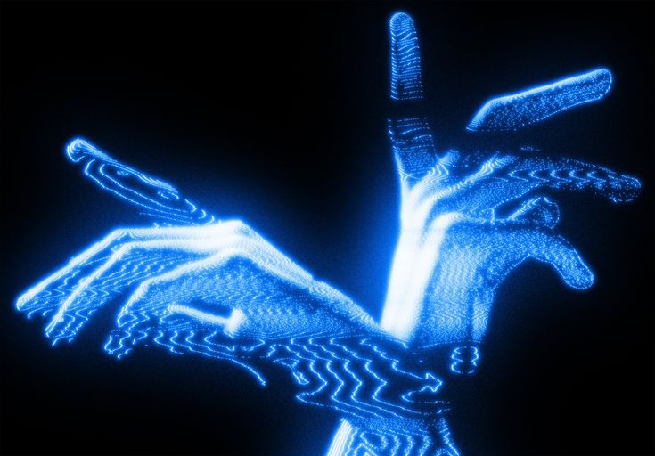 an abstract image of two hands touching each other with their fingertipss, in blue and black