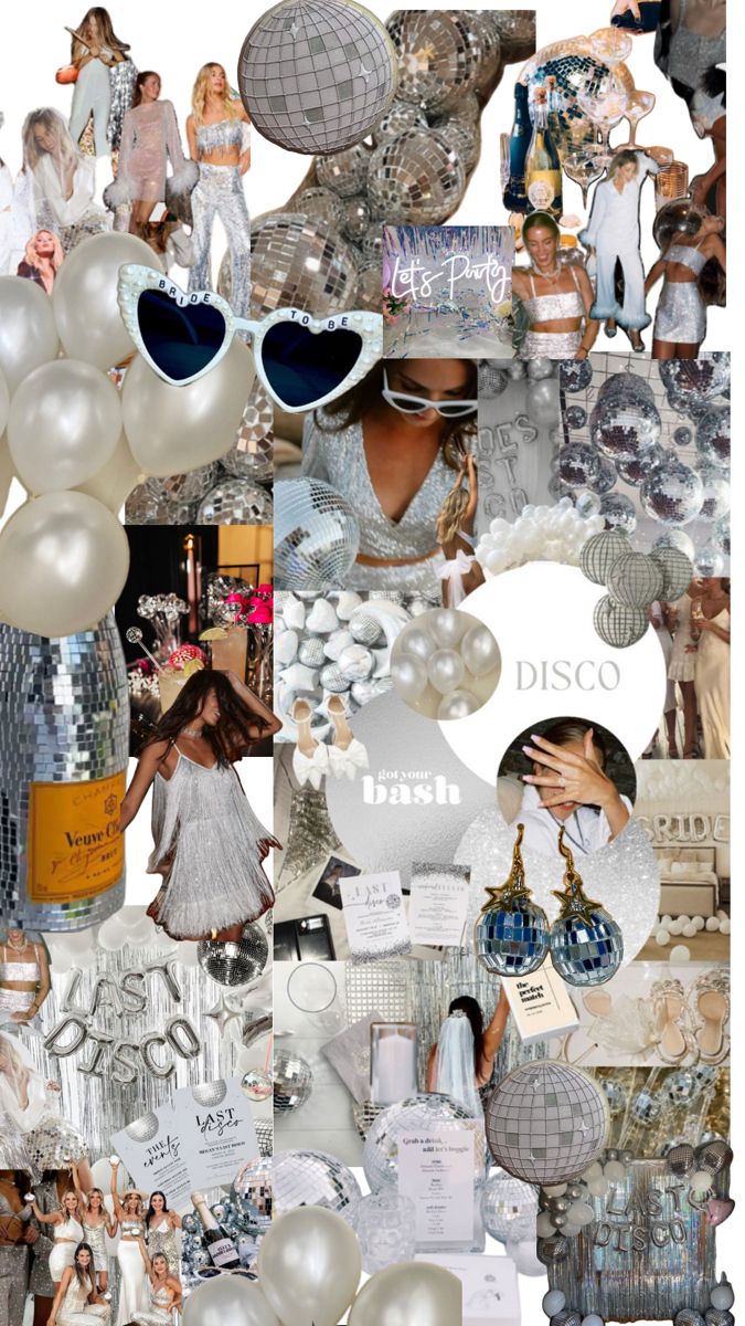 the collage shows many different types of fashion and accessories, including balloons, dresses, shoes