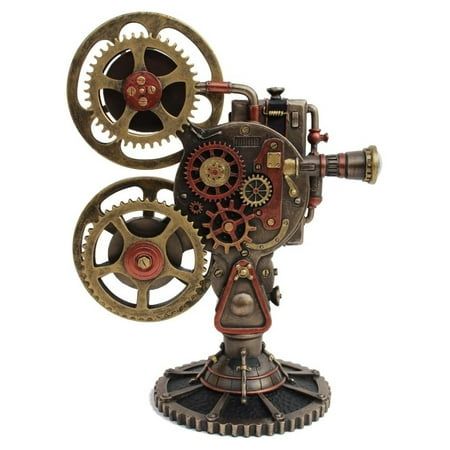 an old fashioned clock with gears attached to it's sides, on a white background