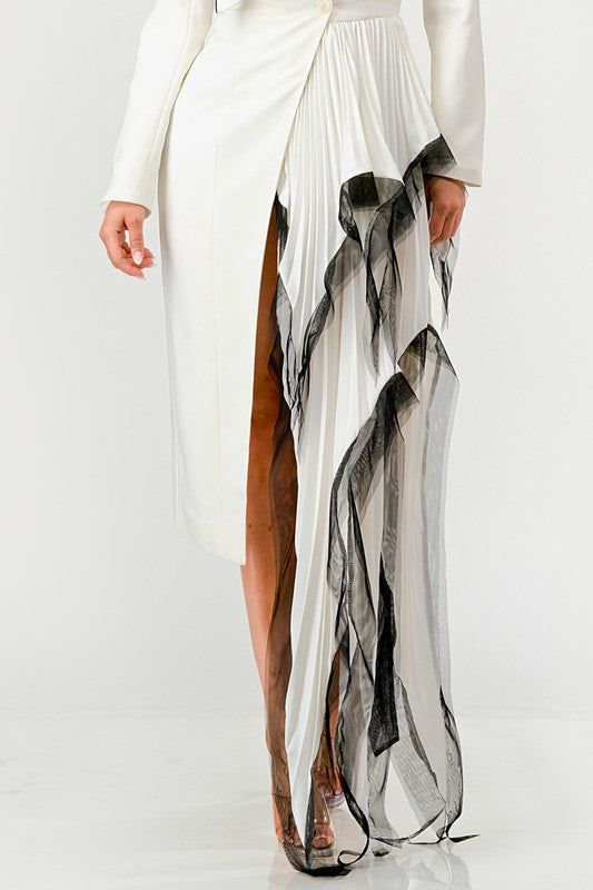 Introducing our newest arrivals - the epitome of elegance and grace. Our dress combines classic and contemporary design, with a base inspired by the sharp lines of tuxedo jackets. The flowing, pleated skirt exudes femininity, while sheer, billowing panels add an ethereal touch. A delicate pattern and monochromatic palette add sophistication, with modern, transparent details for avant-garde occasions. White Pleated Dress For Spring Party, Elegant Fitted Pleated Cocktail Dress, Pleated Chiffon Dress For Party, White Midi-length Pleated Dress For Formal Occasions, Elegant Flowy Pleated Skirt For Cocktail Occasions, Elegant Flowy Pleated Skirt For Cocktail, Elegant White Pleated Dress For Summer, Flowy Pleated Skirt For Cocktail, Chic Asymmetrical Skirt Dresses For Spring