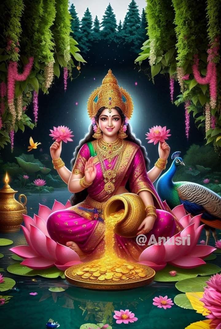 goddess sitting on lotus in the middle of water surrounded by flowers and birds, with her eyes