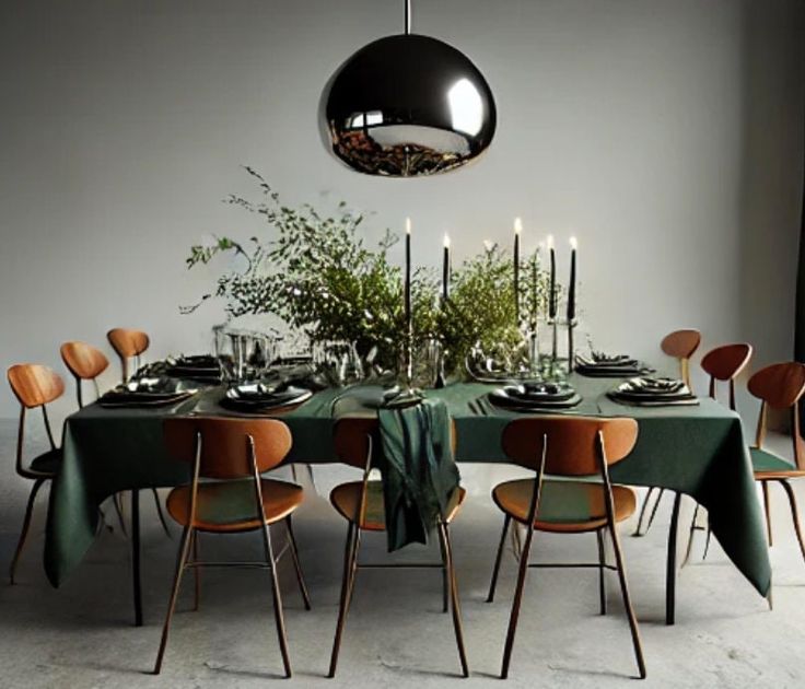 a dining room table with green cloth and chairs