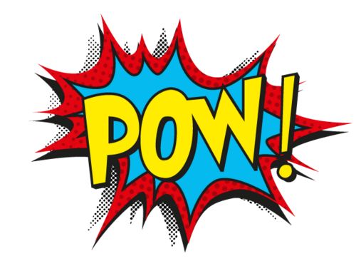 the word pow is written in yellow, blue and red colors with an explosion effect