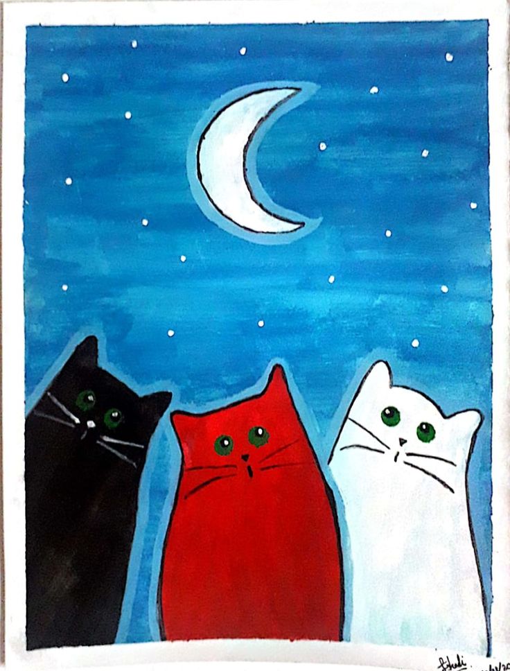 three cats are sitting in front of the moon