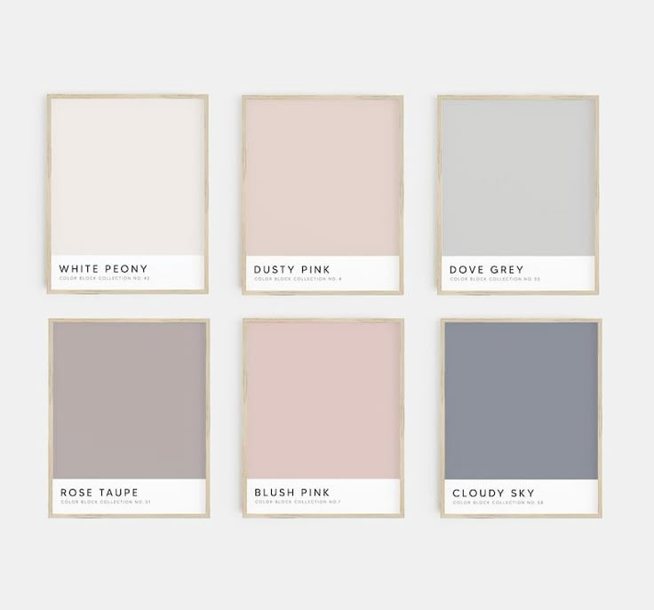 four different shades of pink, grey, and white paint in square frames with the words dusty pink on them