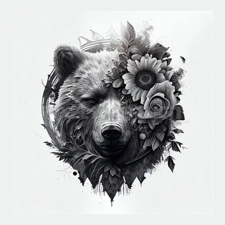 a black and white drawing of a bear with flowers on it's head