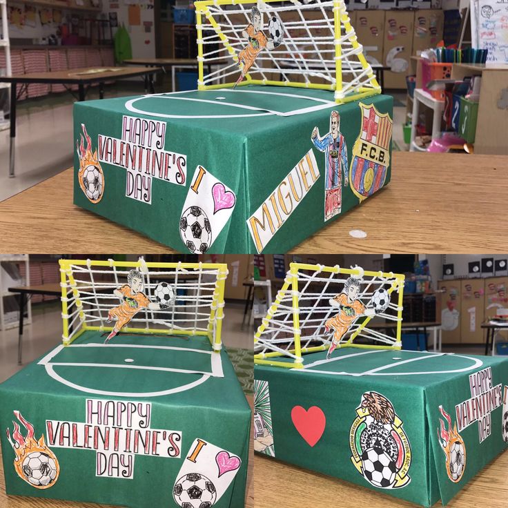 three green boxes with soccer themed designs on them and the words happy valentine's day